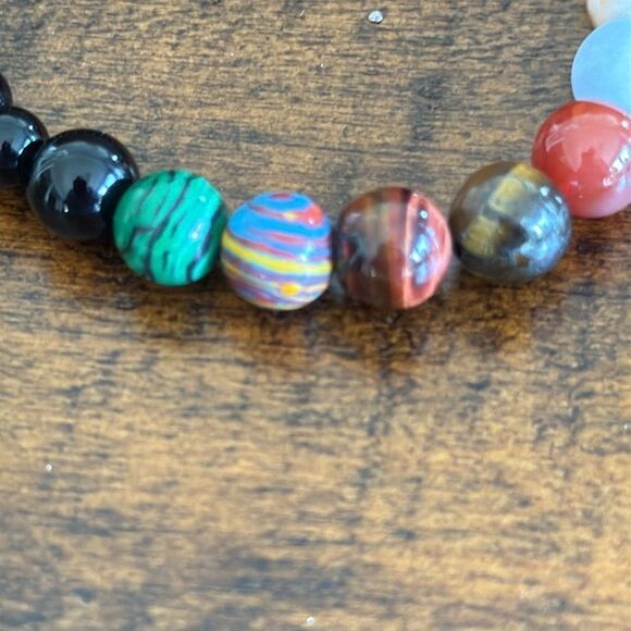 Colorful Chakra Energy Bead Bracelet, Stretch Design, Black Gloss & Gemstone Mix - Picture 6 of 10